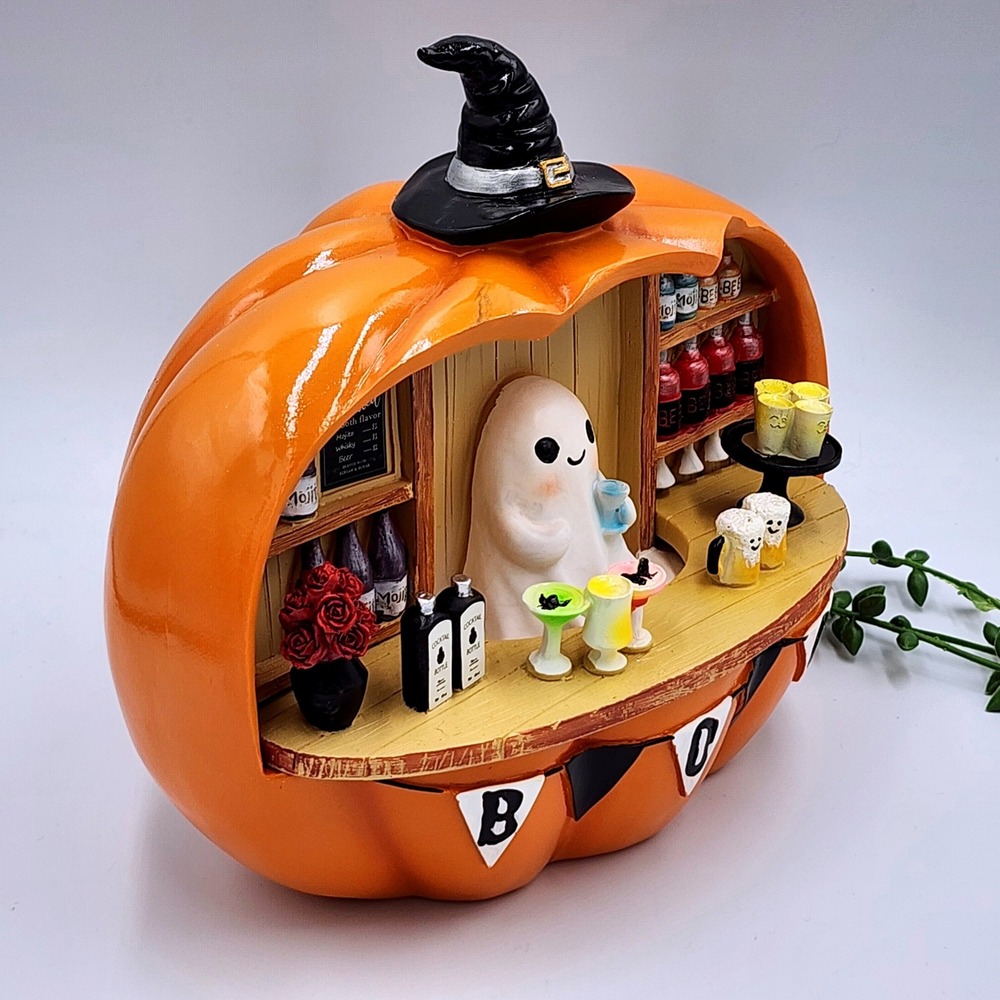 Halloween Ghost Pumpkin Bar Figurine Orange Spooky Whimsical 9" Haunted Bar Boo - Picture 9 of 10